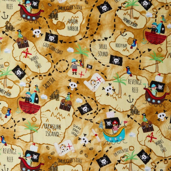 Pirate Treasure Map Cotton fabric - Fat Quarters - By the Yard - 1/4 yd, 1/2 yd -100% Cotton - Fabric - continuous cuts