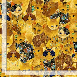 May include: A fabric with a repeating pattern of stylized cats in shades of gold, brown, and black. The cats have various eye colors and are adorned with geometric and floral designs. The overall aesthetic is reminiscent of a painting.