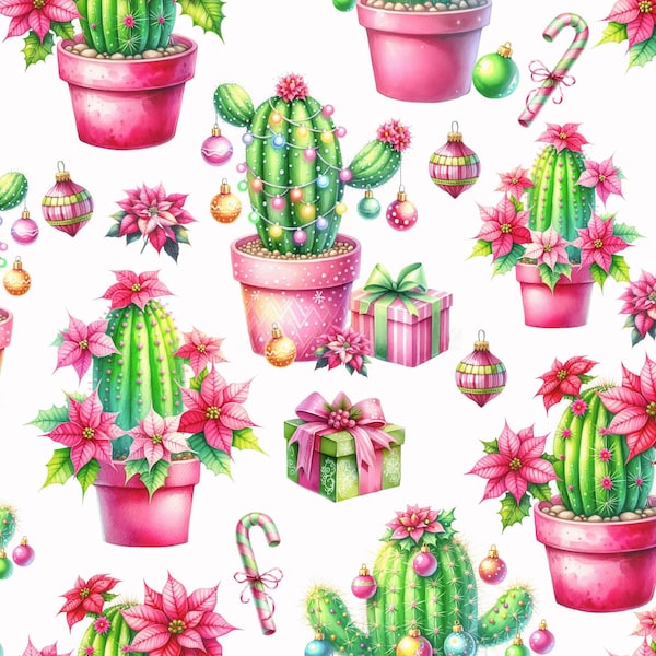Christmas Cactus Fabric - Pink-   100% Cotton - Continuous Cuts