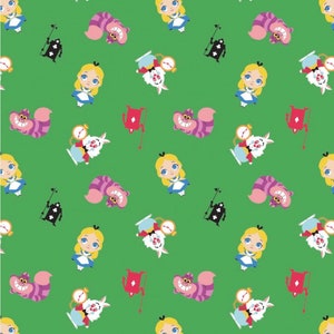 Alice in Wonderland Green cotton fabric- 1/4 yard, 1/2 yard- Fat Quarter - 100% Cotton -continuous cuts