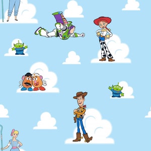 Toy Story Friends Sketch and clouds Disney Cotton Fabric - 1/4 yard, 1/2 yard, Continuous cuts -  Fat Quarters - 100% Cotton -