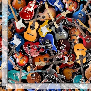 Tossed Acoustic Guitars Cotton Fabric -  100% Cotton -TT-Music CD3359 Black - Tossed Acoustic Guitar