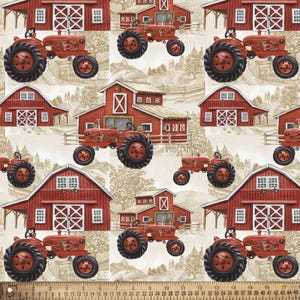 May include: Fabric with a repeating pattern of red barns and tractors on a beige background. The barns have white doors and windows. The tractors are red with black tires. The overall theme is a rural, farm scene.