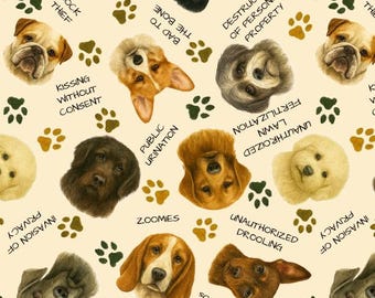 Naughty Dogs Cotton Fabric - 100% Cotton- Continuous Cuts -Drewie Pie Fabrics