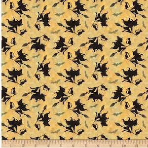 Flying Witches, cats and bats- Fabric- Fat Quarters - By the Yard - 1/4 yd, 1/2 yd -100% Cotton - Fabric Remnants