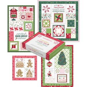 May include: A quilting kit with a red, white, and green color scheme. The kit includes a variety of fabric squares with different Christmas-themed designs, such as snowflakes, gingerbread houses, and ornaments. The kit also includes a box with the text "A Quilty Little Christmas" on it.