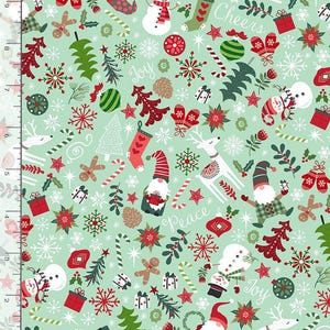 May include: A festive fabric with a light green background, featuring a repeating pattern of Christmas-themed illustrations. The design includes snowmen, gnomes, reindeer, Christmas trees, snowflakes, and candy canes in red, white, and green. The words "Joy" and "Cheers" are also visible.