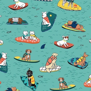 May include: Seamless pattern featuring various dog breeds surfing on colorful surfboards against a teal background. The dogs are wearing life vests and sunglasses. The design includes fish and a shark fin.