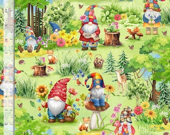 Hippie Garden Gnomes Cotton Fabric 100% Cotton - Gnomes TT-Fun CD3739 Green - Hippie Gnomes Garden