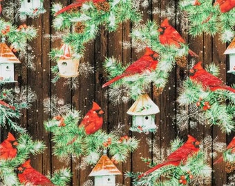 Rustic Cardinals Christmas Cotton Fabric 100% Cotton - Fabric- continuous cuts