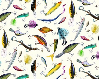 Tight Lines Eggshell Fishing lures cotton fabric- by the yard, quarter cuts, continuous cuts- fast shipping!
