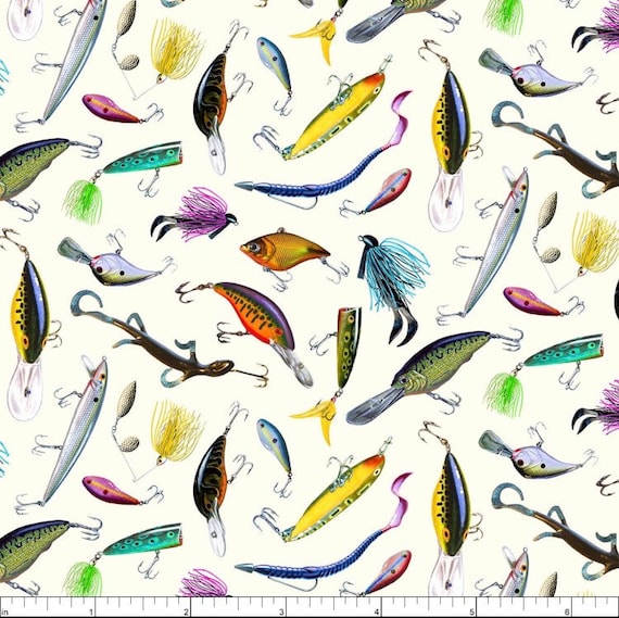 Fishing lures on Blue Novelty cotton fabric- by the yard, quarter cuts,  continuous cuts- fast shipping!