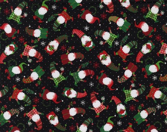Packed Mini Gnomes on black- cotton fabric 100% Cotton -