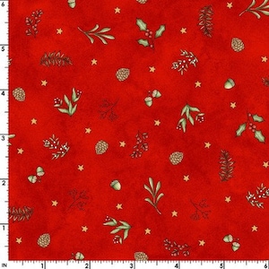 May include: Red fabric with a repeating pattern of small green sprigs, acorns, pine cones, and stars. The background is a deep red color.