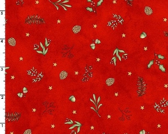 May include: Red fabric with a repeating pattern of small green sprigs, acorns, pine cones, and stars. The background is a deep red color.
