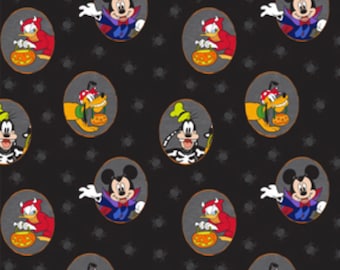 Halloween Mickey and Friends Badges Cotton Fabric- by the 1/2 yard- continuous cuts- Pluto- Minnie- Mickey