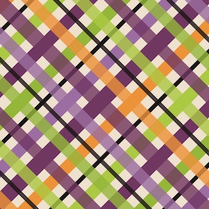 May include: A seamless pattern featuring intersecting diagonal stripes in shades of green, purple, orange, and black, set against a cream background. The design creates a plaid or crosshatch effect, suitable for fabric or digital art.