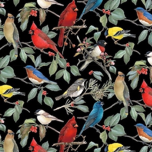 Birds and Hollies Christmas Fabric - FQ, By the 1/4 or 1/2 Yard- 100% Cotton - continuous cuts WW-3114-2 Black/Multi - Birds & Hollies