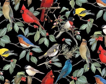 Birds and Hollies Christmas Fabric -100% Cotton - continuous cuts WW-3114-2 Black/Multi - Birds & Hollies