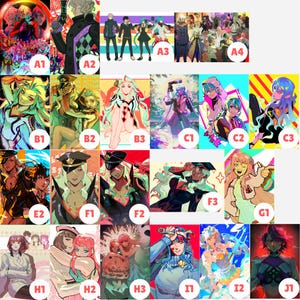 Puede incluir: Una colección de ilustraciones coloridas de estilo anime. Las imágenes presentan varios personajes en poses dinámicas, con paletas de colores vibrantes y obras de arte detalladas. Algunas imágenes incluyen texto, y el tema general probablemente esté relacionado con el anime o el manga.