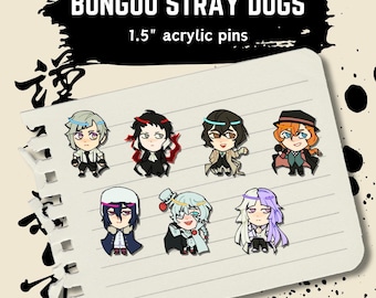 May include: A collection of 1.5" acrylic pins featuring characters from "Bungou Stray Dogs." The pins are displayed on a lined paper background. Each pin showcases a different character with unique hair colors and outfits. The text "BUNGOU STRAY DOGS" is at the top.