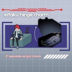 Könnte beinhalten: Ein öffnungsbarer Acryl-Charm, 7,6 cm groß, mit einer Cartoon-Illustration. Der Charm hat ein Scharnierdesign mit dem Text "eitaku hinge charm". Die Illustration zeigt eine Person, die auf einer Box sitzt, und eine andere in einer Box.