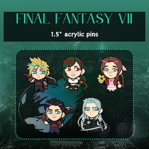 May include: Five 1.5 inch acrylic pins featuring characters from Final Fantasy VII. The characters are Cloud, Tifa, Aerith, Sephiroth, and Yuffie. The pins are colorful and detailed.