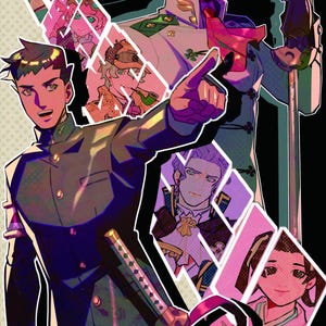 May include: A digital illustration of five characters in a colorful, geometric style. The characters are all wearing different outfits and have unique hairstyles. The illustration is set against a dark background.