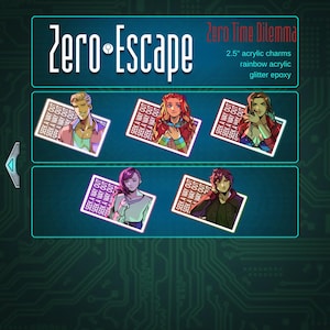 May include: Six 2.5 inch acrylic charms featuring characters from the video game Zero Escape: Zero Time Dilemma. The charms are rainbow acrylic with glitter epoxy and feature the text "SEEK A WAY OUT" repeated multiple times.