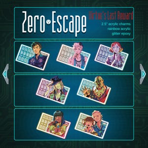 Puede incluir: Conjunto de 10 charms de acrílico de 2,5 pulgadas Zero Escape: Virtue's Last Reward. Cada charm presenta un personaje diferente del juego. Los charms son de acrílico arcoíris con epoxi brillante.