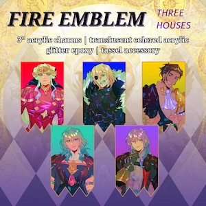 May include: Four 3-inch acrylic charms featuring characters from the Fire Emblem: Three Houses video game. The characters are depicted in their house colours: red, black, yellow, and purple. Each charm has a translucent coloured acrylic background, glitter epoxy, and a tassel accessory.