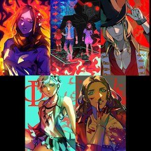 Puede incluir: Un collage de seis retratos de arte digital. Los retratos presentan personajes estilizados con colores vibrantes, incluyendo rojo, azul y dorado. El estilo artístico recuerda a las ilustraciones de cómics.