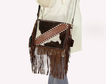 Western Inspired Fringe Crossbody Bag | Boho Cowhide and Leather Purse with Turquoise Detail