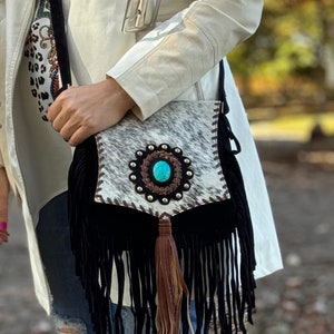 Turquoise Charm Western Cowhide Fringe Purse