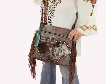 Western Boho Cowhide Crossbody Bag with Hand Tooled Leather and Tassel Details