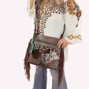 Western Boho Cowhide Crossbody Bag with Hand Tooled Leather and Tassel Details