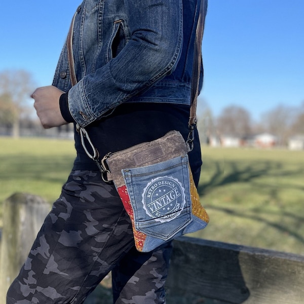 Handmade Retro Denim Crossbody Bag | Compact Stone-Washed Canvas Shoulder Purse