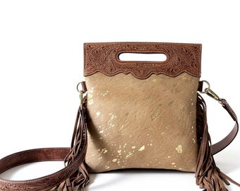 Bolso bandolera de piel de vacuno estilo western con flecos – Bolso de hombro bohemio hecho a mano
