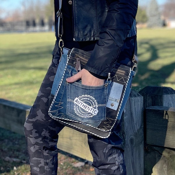 Urban Style Upcycled Denim Crossbody Bag | Eco-Friendly Unisex Messenger Bag