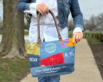 Handmade Patchwork Denim Shoulder Tote Bag