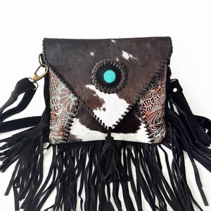 Handcrafted Leather and Cowhide Crossbody Bag with Fringe | Western Boho Style Shoulder Bag
