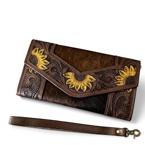 Handtooled Leather and Cowhide Wallet - Handmade Western Wristlet with Sunflower Design