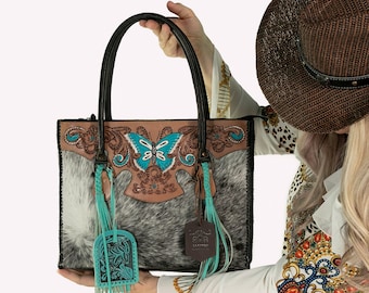 Western Cowhide Tote Bag with Hand Tooled Leather Butterfly Accents and Tassels