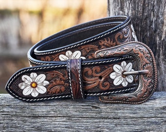 White Flower Hand Tooled Leather Western Belt