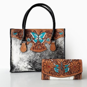 Bolso de mano y cartera de piel de vaca únicos con diseño de mariposas, conjunto de cuero hecho a mano