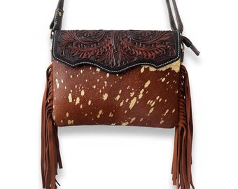 Handmade Handtooled Leather and Brown Cowhide Crossbody Bag with Fringes - Western Boho Purse