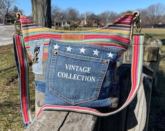 Denim Crossbody Leather Trim Messenger Bag