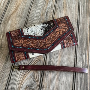 Cowhide And Hand Tooled Leather Clutch Wallet With Turquoise Accent