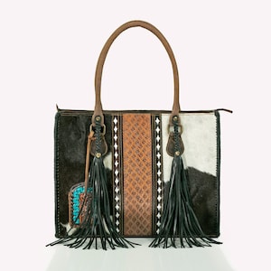 Bohemian Cowhide Tote Bag with Hand Tooled Print and Tassel Accents | Western Elegance