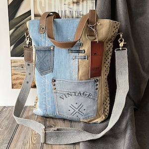 Upcycled Canvas Tote Messenger Shoulder Bag